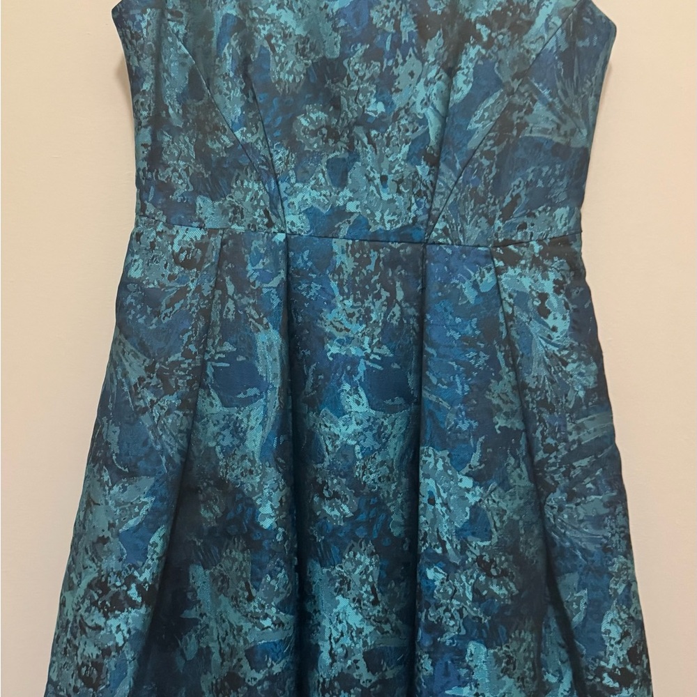 Maggy London Teal and Floral Brocade Fit-and-Flare Dress - Picture 3 of 11